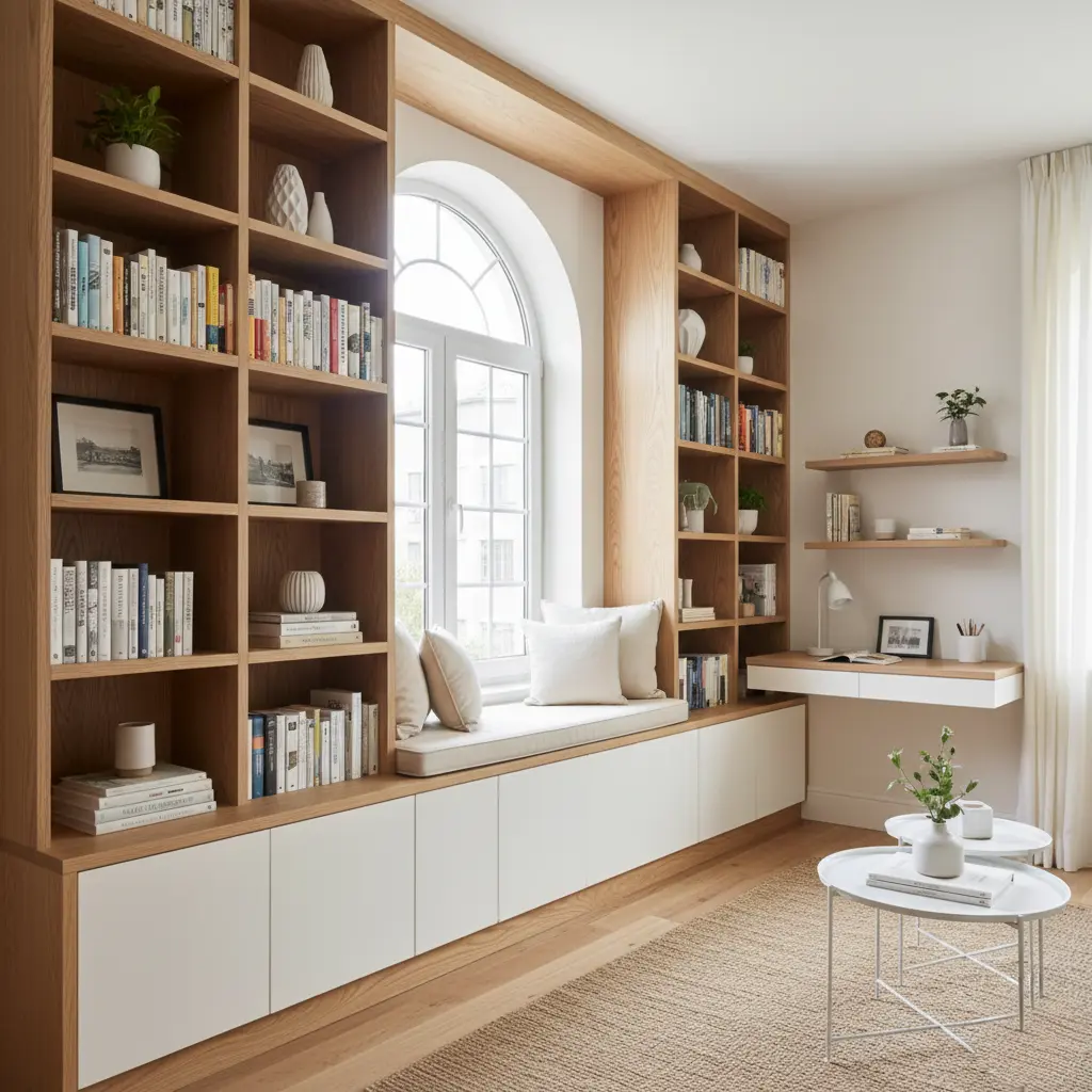 Compact home office featuring custom floor-to-ceiling light oak bookshelves accessed by a rolling ladder to maximize vertical storage.