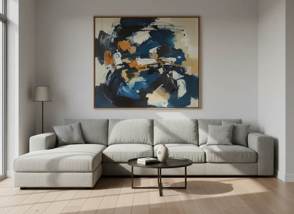 Small living room making a bold design statement with one large oversized abstract art piece hanging above a substantial sectional sofa.